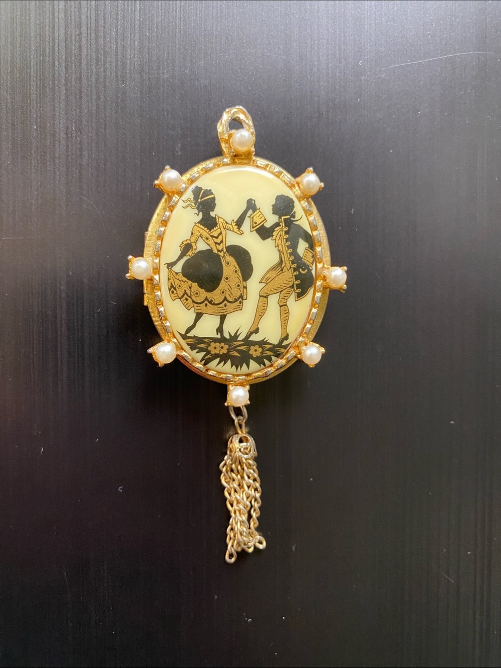 Vintage Victorian Revival Locket Pendant Gold-Tone Faux Pearl Courting Couple